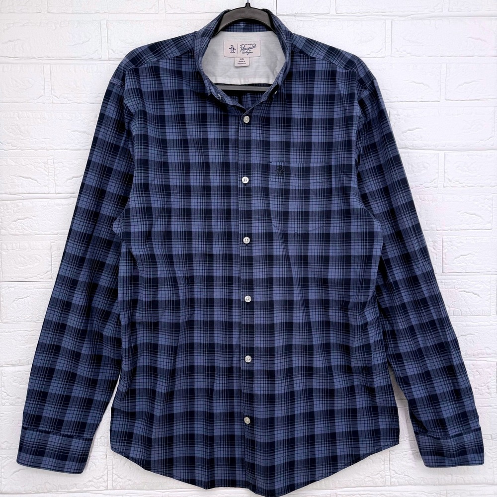 Original Penguin Button Down Shirt Mens Large Blue Plaid Long Sleeve Casual